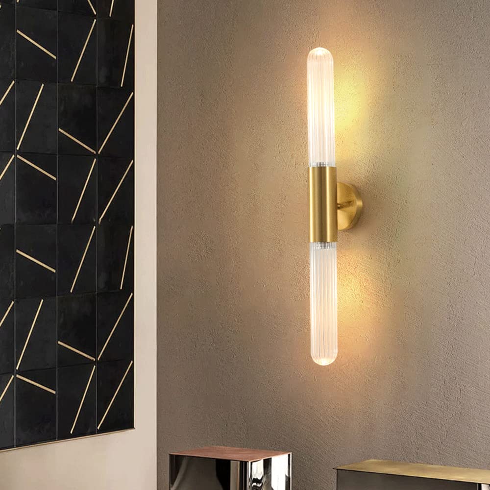 Lampada da parete a tubo lungo in ottone a 2 luci con paralume in vetro a strisce, applique da parete con illuminazione GU10 post moderna, lampade da parete con flauto sul comodino della camera da let