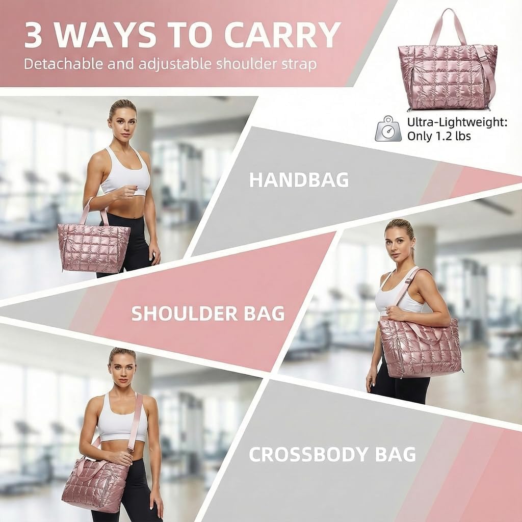 Large Tote Bag for Women, Lightweight Travel Tote Handbags, Puffer Tote Bag with Zipper, Yoga Bags Quilted Work Bag