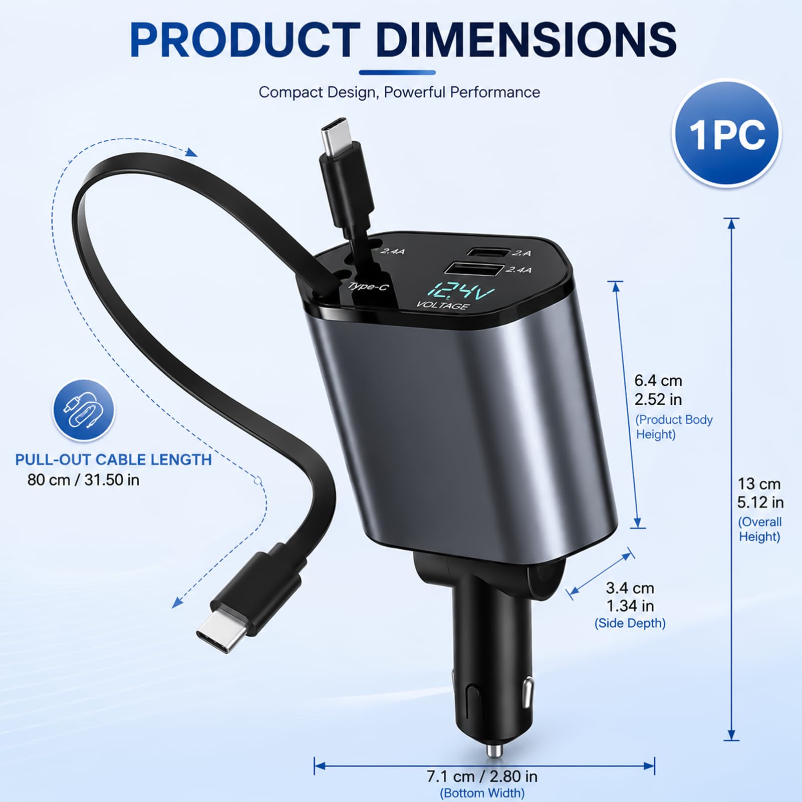 4 in 1 Kfz-Ladegerät USB C, Auto Ladegerät mit Einziehbarem Kabel, Zigarettenanzünder 12V/24V, Digital Spannungsanzeige, PD USB C, USB A, Autoladegerät für iPhone 17/16/15, Samsung Galaxy S25/S24