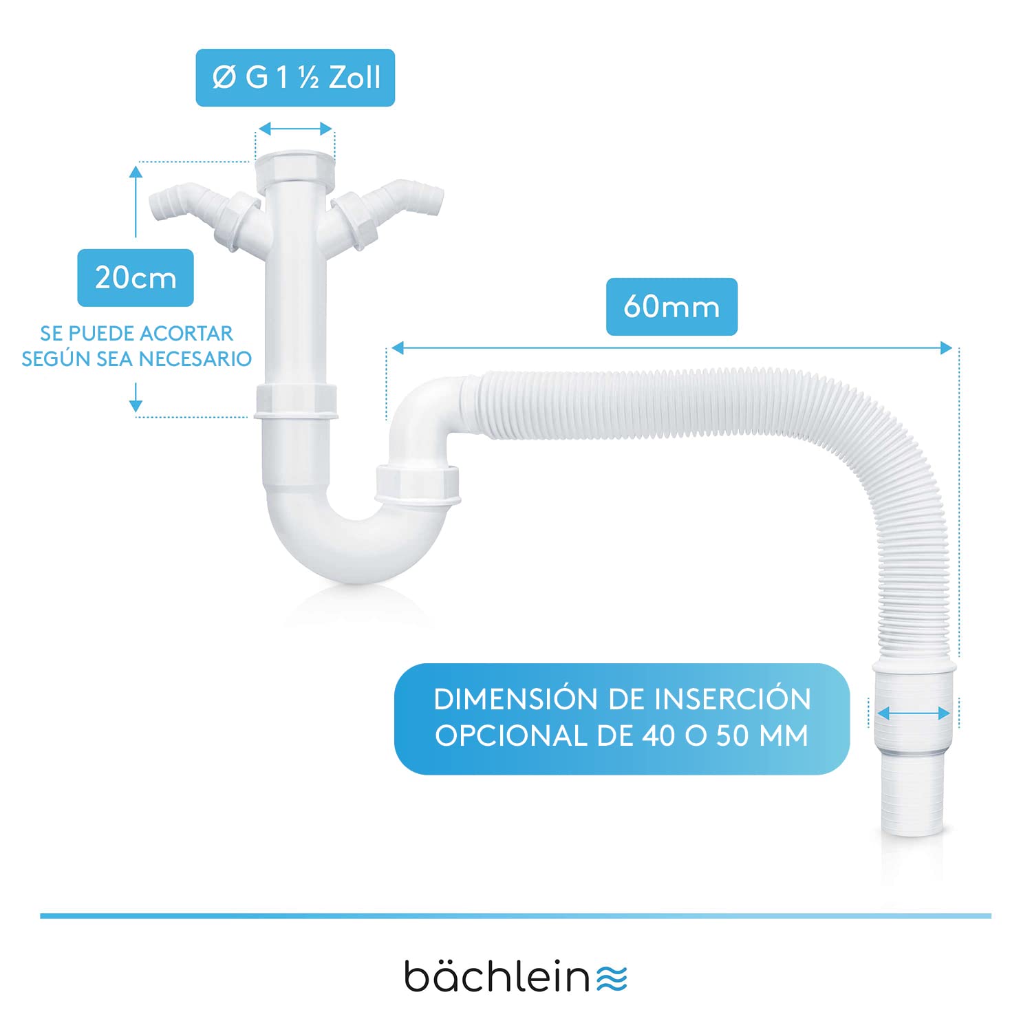 Bächlein Sifón Tubular Flexible para Fregadero, Trampa de Olores con Conexión de Aparato Doble, G 1 1/2"