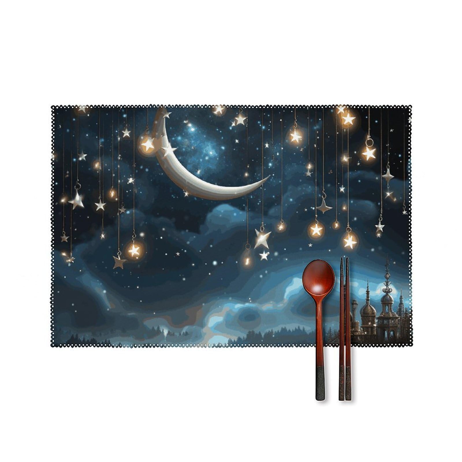 Set de table pour dîner aux chandelles en toile lavable motif lune et étoiles dorées