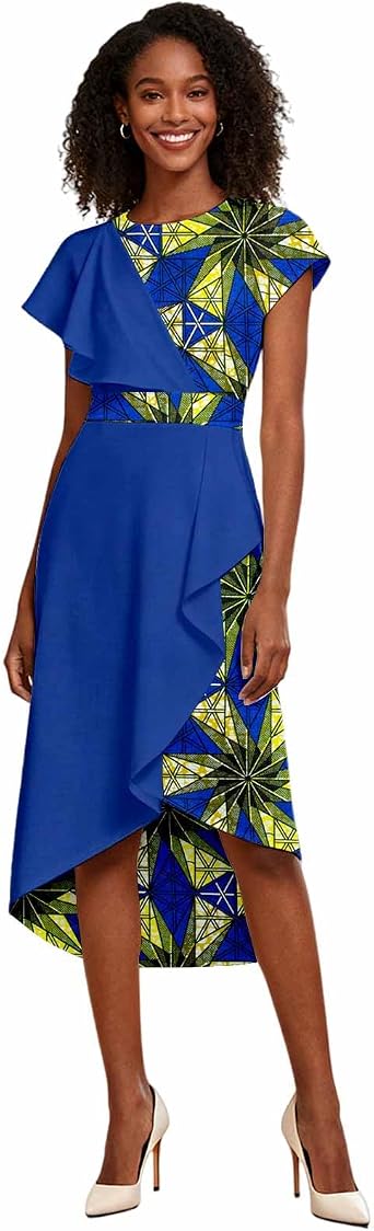 Womens African Dashiki Dress - Ankara Print & Solid Color Block Midi Dress with Asymmetrical Ruffle Hem XXS-6XL