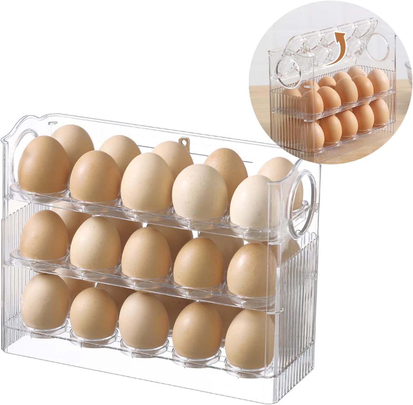 3 Layer Clear Egg Storage Container Flipped Tray 30 Grid Egg Holder Plastic Egg Storage Box Refrigerator Storage Container Space Saver Fridge Organizer, White, 26x10x20cm/10x4x8inch