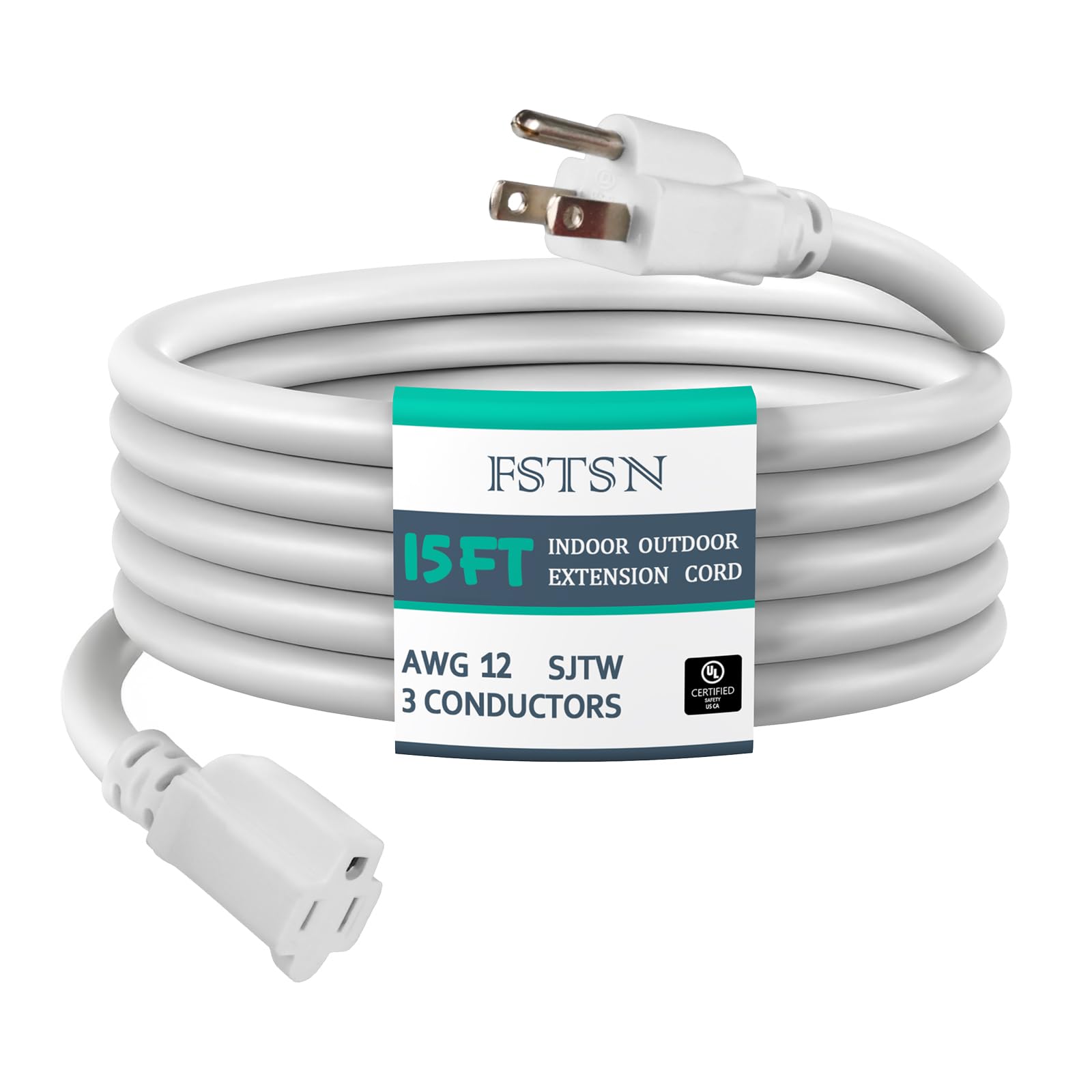 15 ft Heavy Duty Extension Cord - 12/3 SJTW 15 AMP Indoor Power Cord with 3 Prong Grounded Plug for Lawn Mower, Appliances, Workshop, Christmas Lights Water Resistant Flexible Cable White.