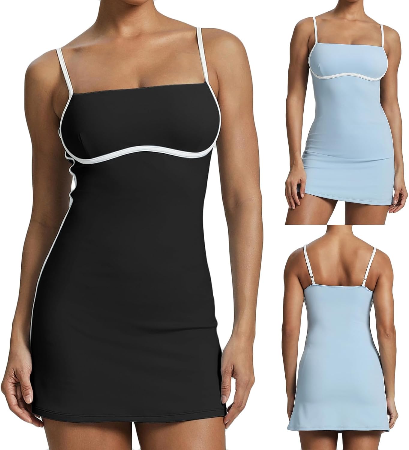 Womens Tennis Dress with Built-in Bra & Shorts Pockets Sleeveless Adjustable Spaghetti Strap Colorblock Golf Dresses