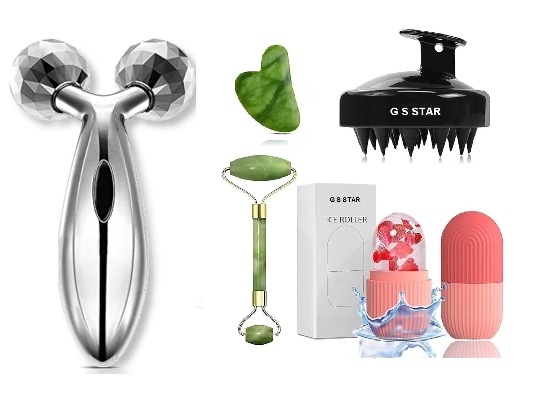 G S STAR Jade Roller With Gau Sha Stone, 3D Rollerr, Head Scalp Shamppoo Massager Brush, Ice Roller, Face Massager (Multi Color) Pack-5-image-33