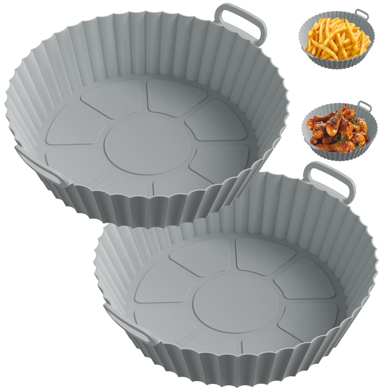 STLIAN Air Fryer Silicone Liners for 4 to 7 QT [2 Pack] Reusable Air Fryer Basket with Handles & Holes Light Grey