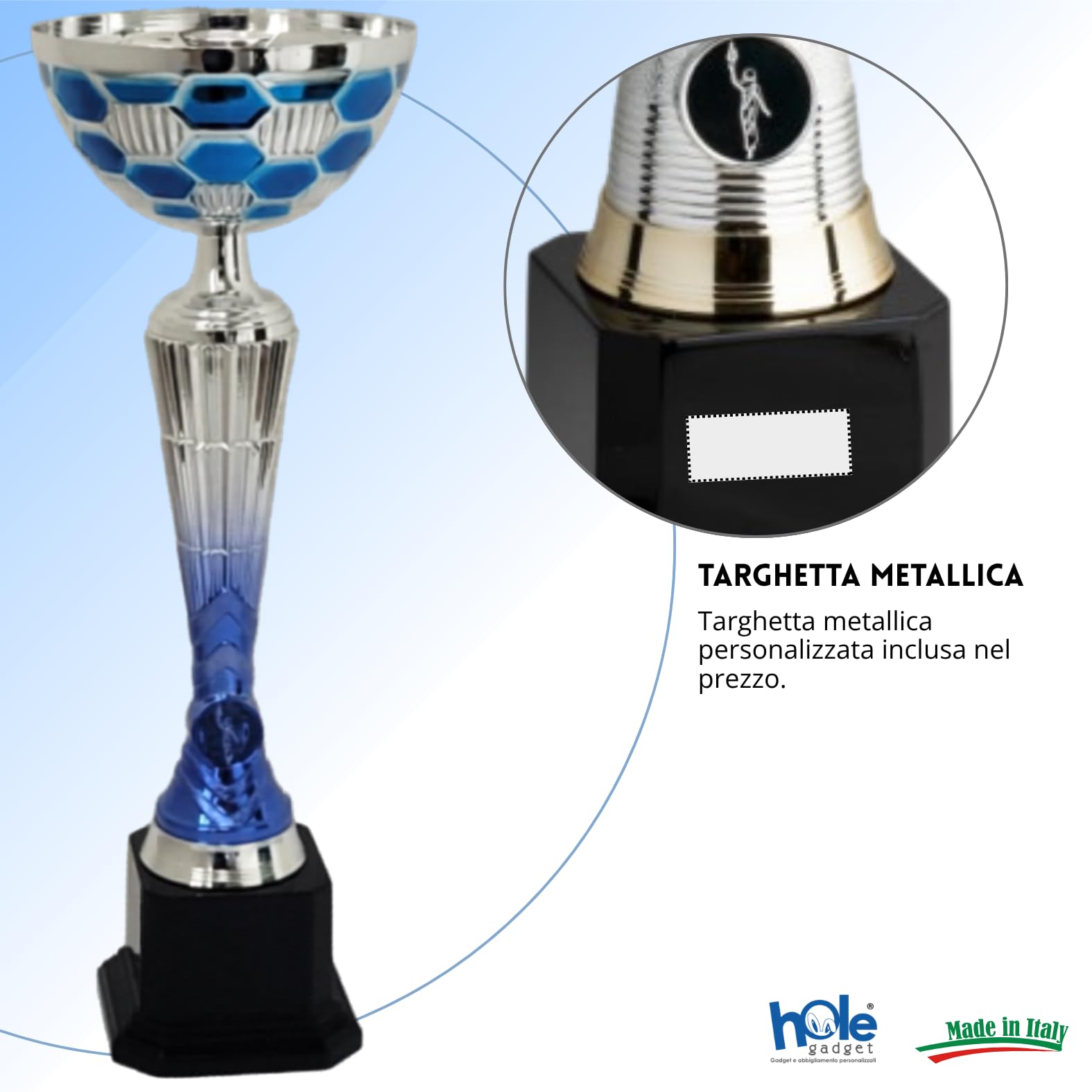 Coppa Trofeo Premiazione Personalizzata, Argento e Blu, Metallo, con Targhetta Stampata Inclusa, Varie Misure per Calcio, Fantacalcio, Eventi Sportivi, Padel, Basket, Sport.