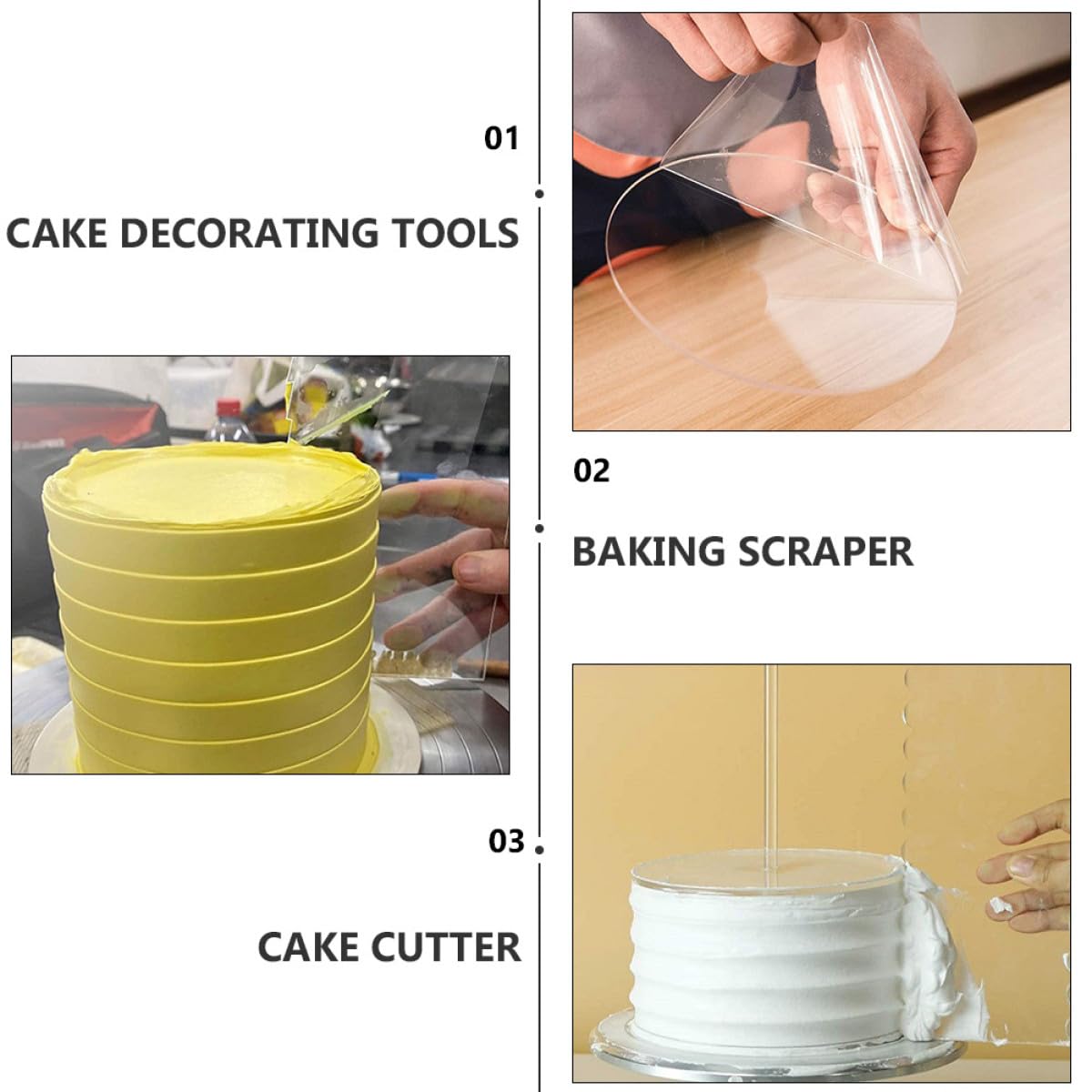 jojofuny Ensemble de 11 Pièces pour Décoration de Gâteaux en Acrylique Transparent, 6 Disques Ronds, 2 Racloirs Rectangulaires et 3 Piliers, Accessoires de Pâtisserie Professionnels