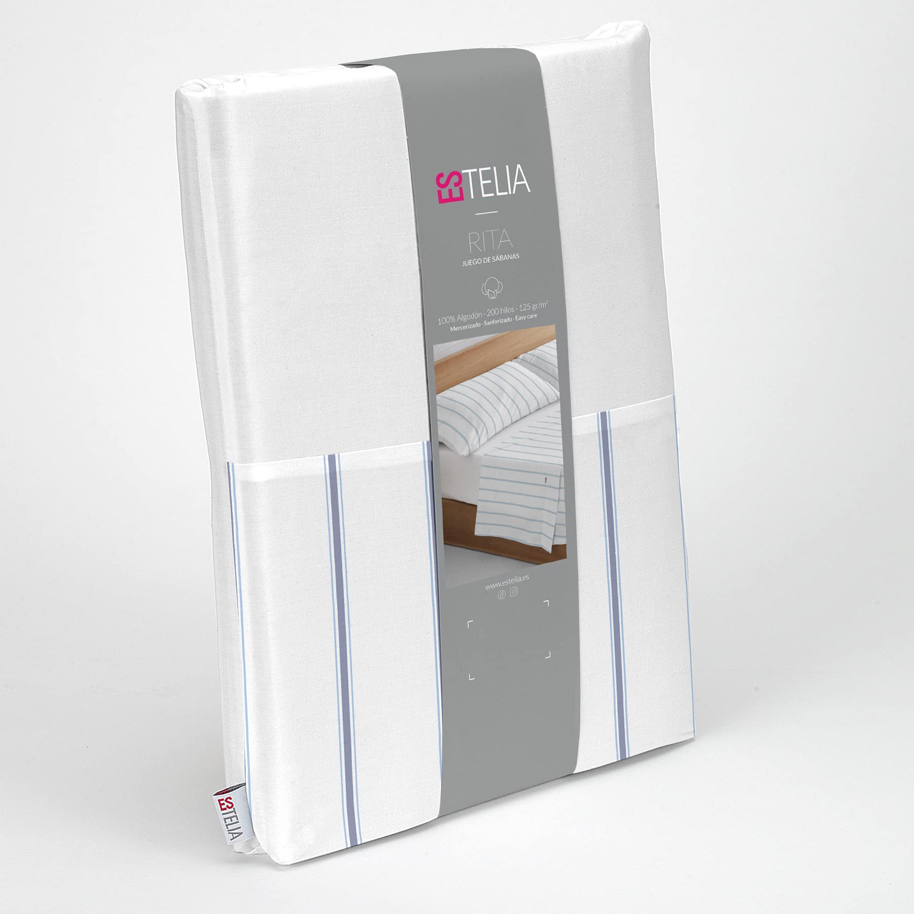 ESTELIA - Juego de sábanas Rita Color Azul - Cama de 150 (3 Piezas) - 100% algodón - 200 Hilos