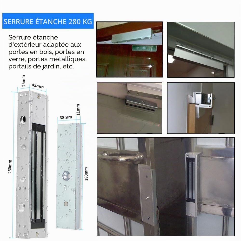 Verrou magnétique électrique étanche 280 kg avec force de maintien, 12 V CC, serrure électromagnétique, contrôle d'accès, peut être installé à l'extérieur
