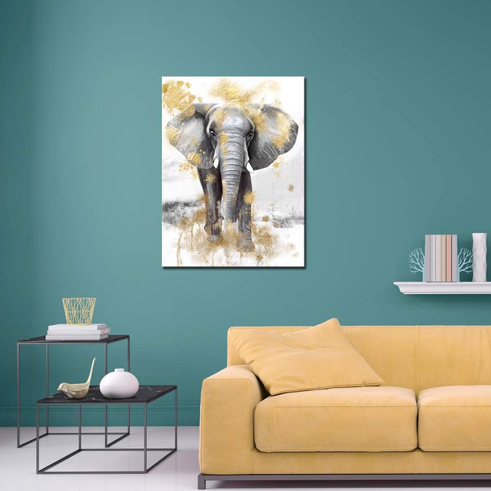sechars Modern Animal Picture Wall Art Gold and Grey Elephant Painting Canvas Prints Contemporary Art for Living Room Bedroom Wall Decor Framed Artwork Ready to Hang 24x32inches