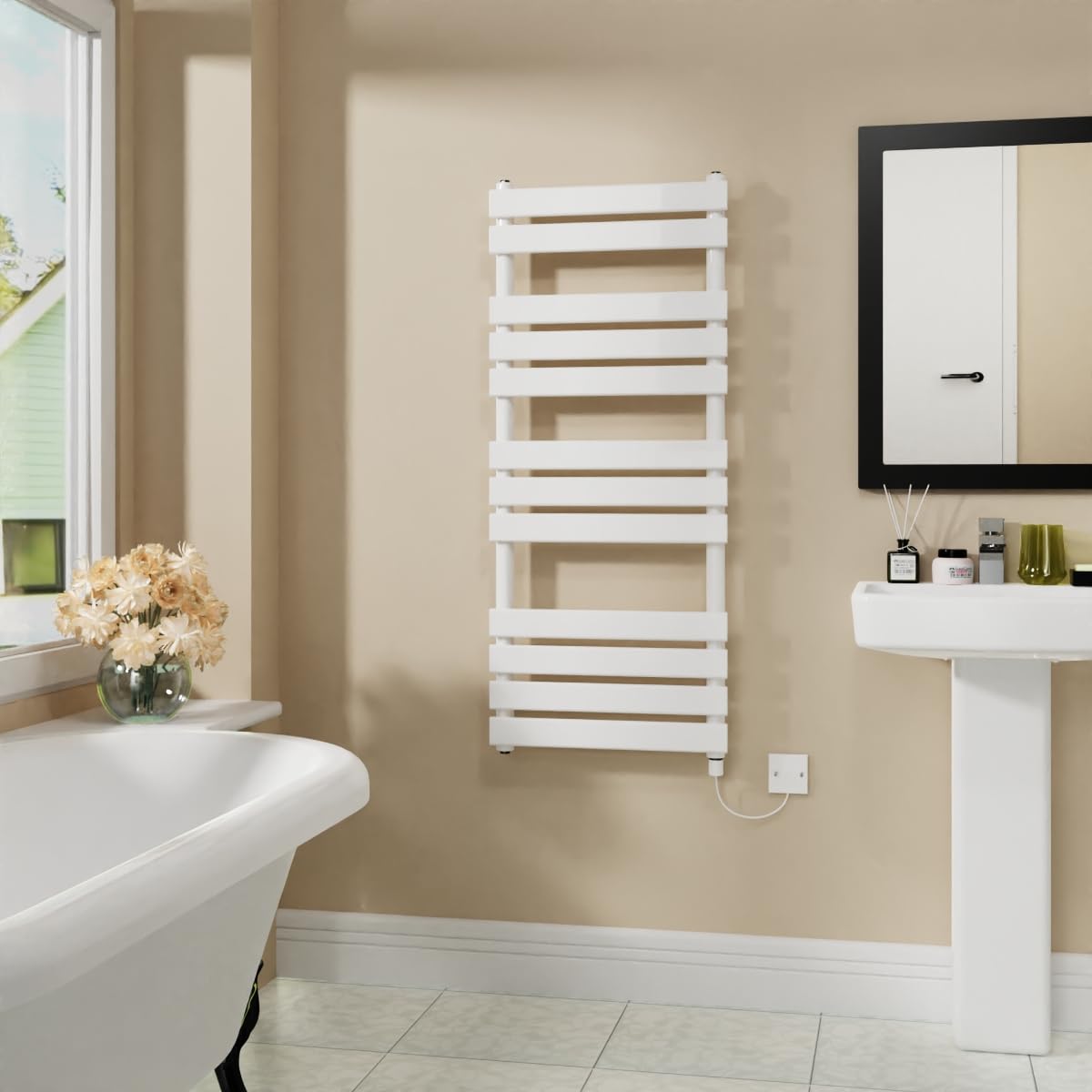 Warmehaus White Electric Flat Panel Heated Towel Rail Bathroom Ladder Radiator Warmer 1200X500mm 600W