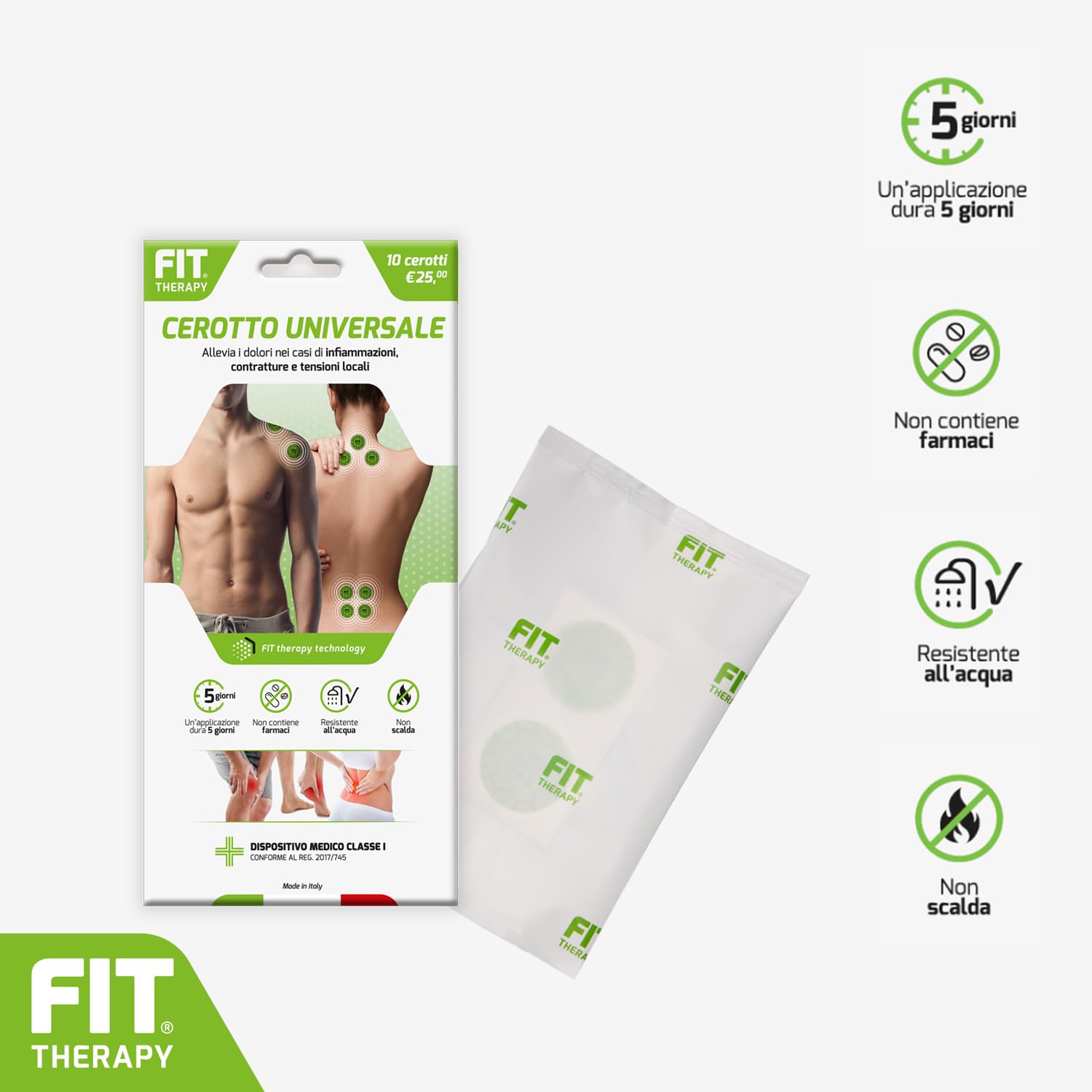 FIT Therapy – Cerotti Antidolorifici e Antinfiammatori Universali – Per Contratture, Dolori Muscolari e Articolari Localizzati – NON SCALDA, Impermeabile, Senza Farmaci, Dura 5 Giorni