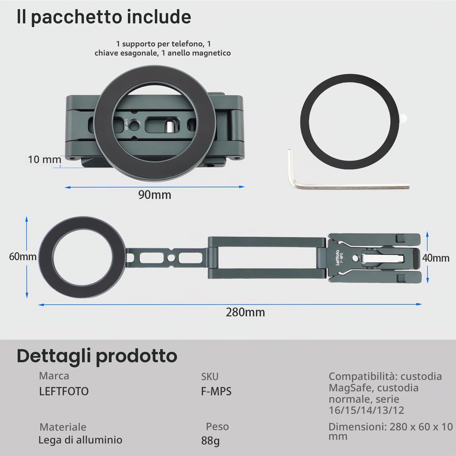 Leftfoto Supporto magnetico in metallo forte per telefono cellulare regolabile a 3 assi pieghevole mini treppiede da scrivania compatibile con iPhone 16/15 Pro Max/14 Pro/13/12/custodie MagSafe o