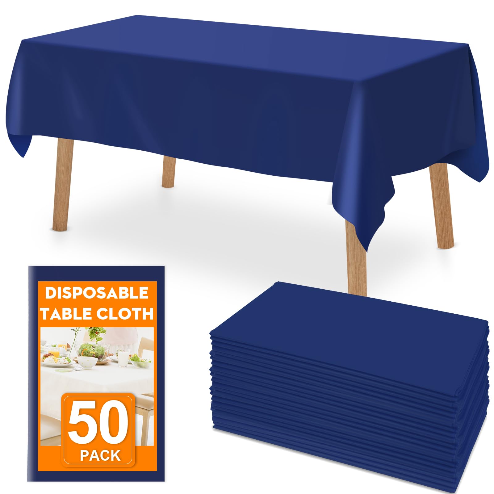 RowinsyDD 50 Pack Blue Plastic Table Cloths Disposable, 54 x 108 Inches Plastic Table Cover for Rectangle Tables, Disposable Tablecloth for Dinning,
