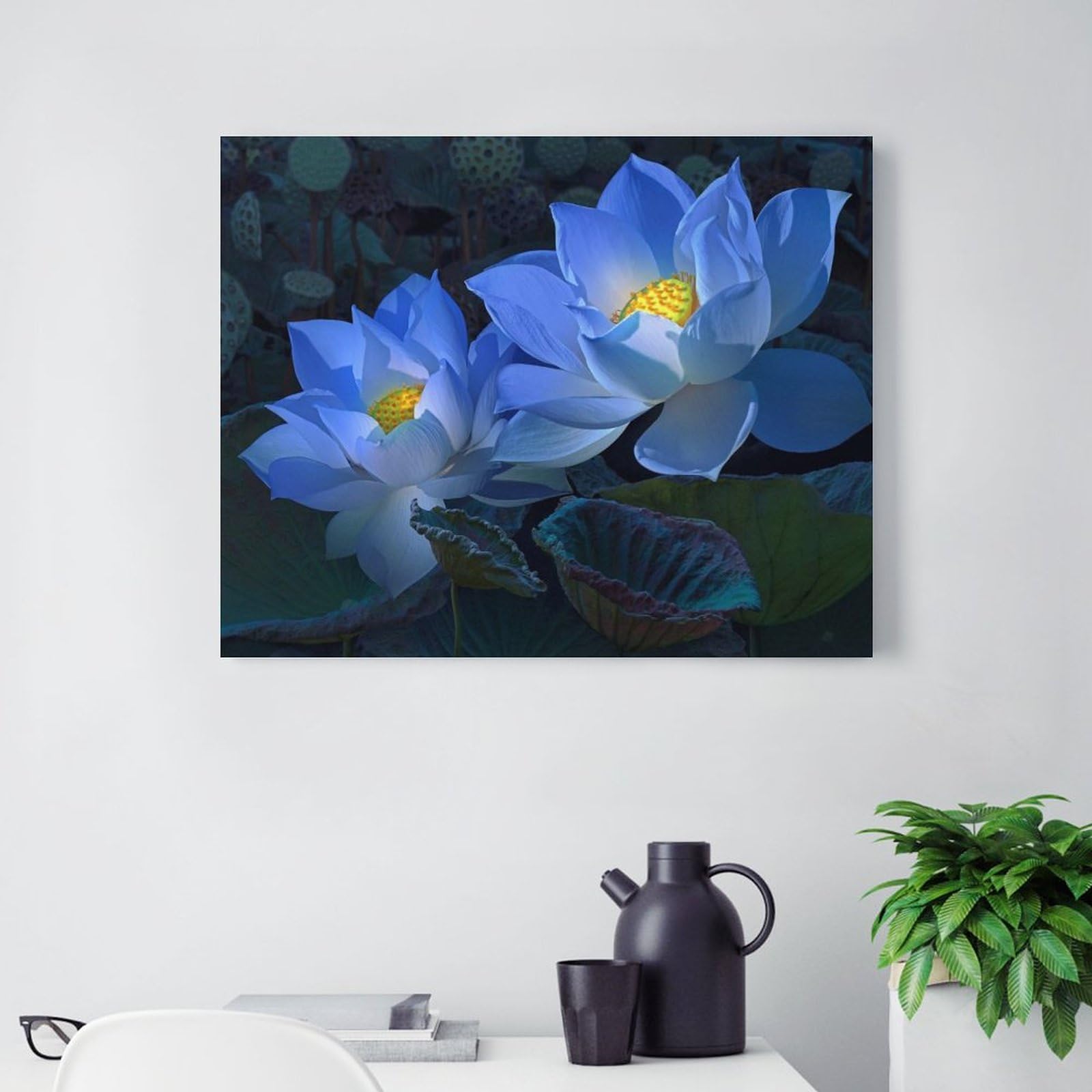 絵画　青と植物 Amazon.co.jp: 絵画 二つの青い蓮の花インテリア 絵画 リアルな植物の