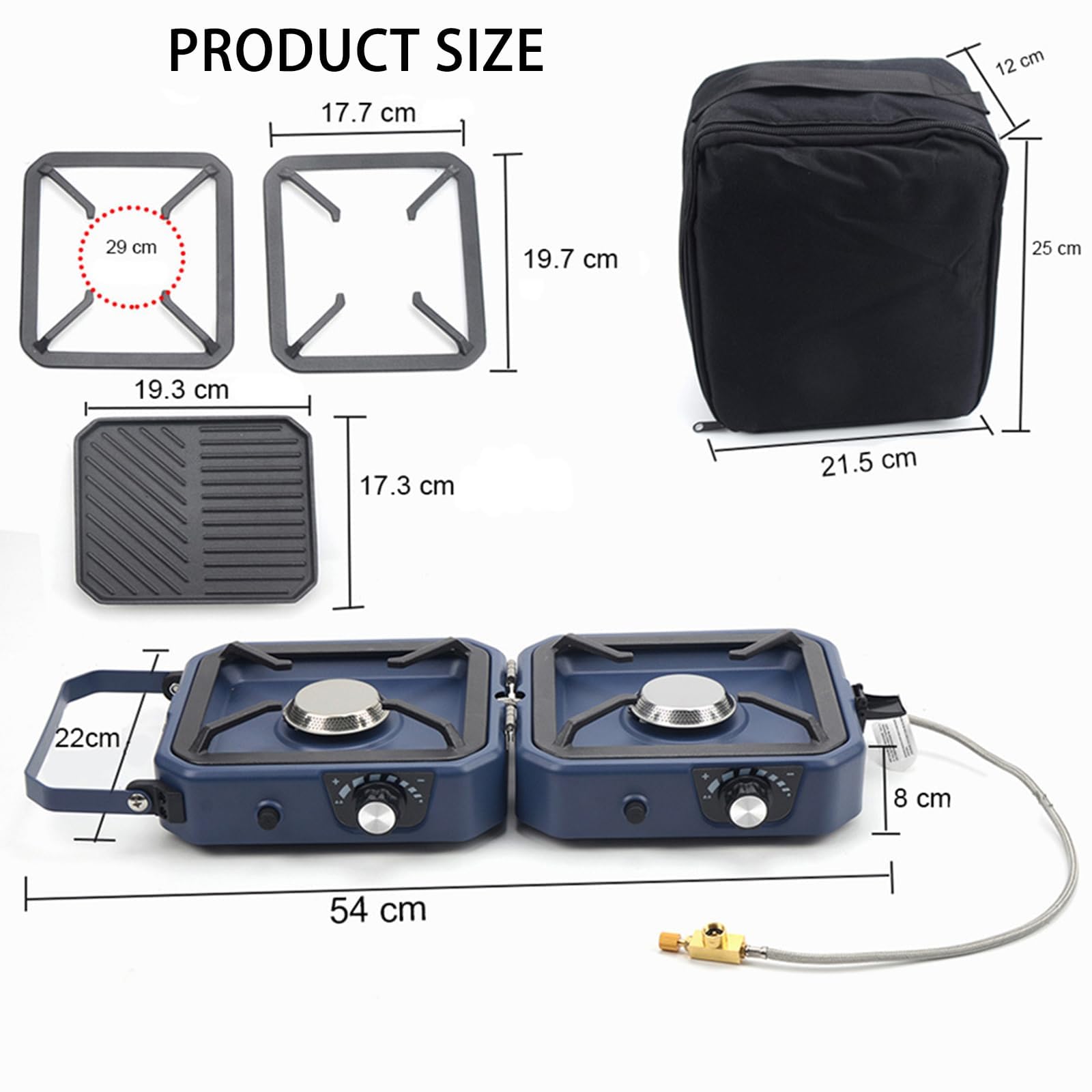 Estufa de camping portátil de 2 quemadores con plancha, quemadores ajustables y encendido piezoeléctrico para cocinar al aire libre