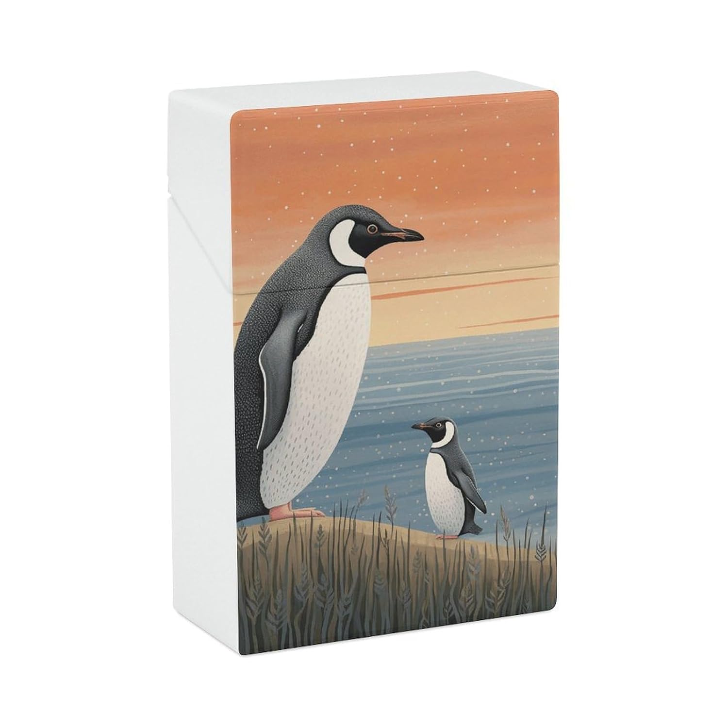 Hand Drawn Penguin Cigarette Case with Switch Flip Closure, Cigarette Holder Case for Men Women, Cigarettes Smoking Accessories, Plastic Box for Smoke, Cigarette Hard Box Holder