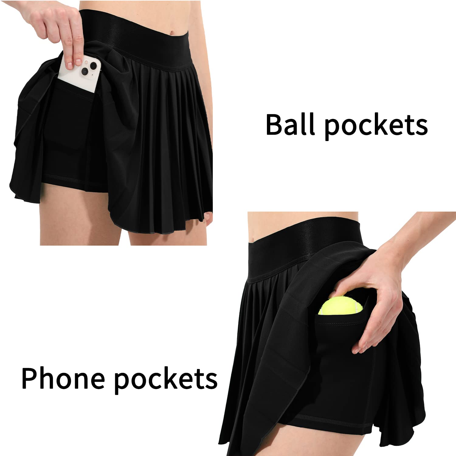 Falda de tenis plisada para mujer, pantalones cortos integrados, faldas atléticas de cintura alta, con bolsillos, holgada, casual, Negro -, Large