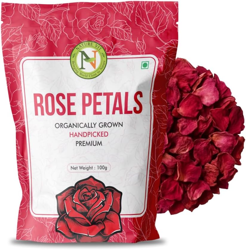 NatureVit Dried Rose Petals 100g | Natural & Edible Rose Petals for Tea, Desserts, Skincare & Decoration | 100% Pure and Fragrant