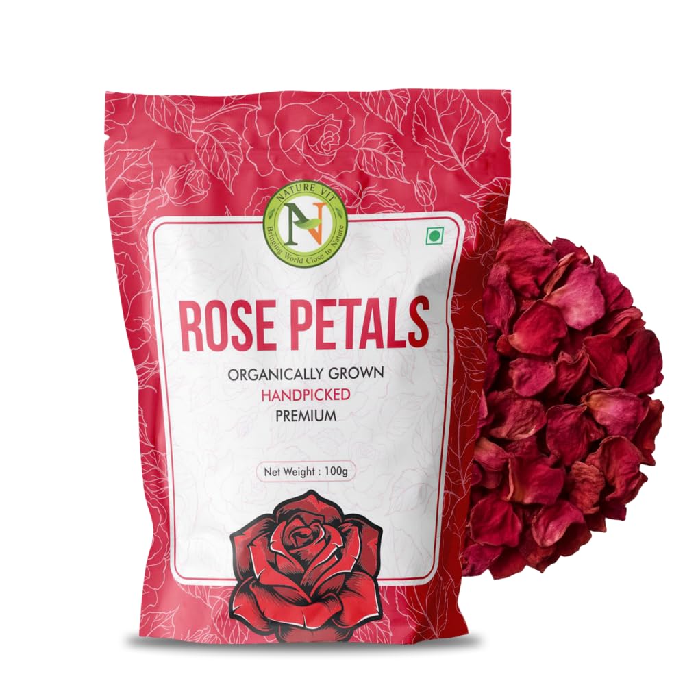 NatureVit Dried Rose Petals 100g | Natural & Edible Rose Petals for Tea, Desserts, Skincare & Decoration | 100% Pure and Fragrant