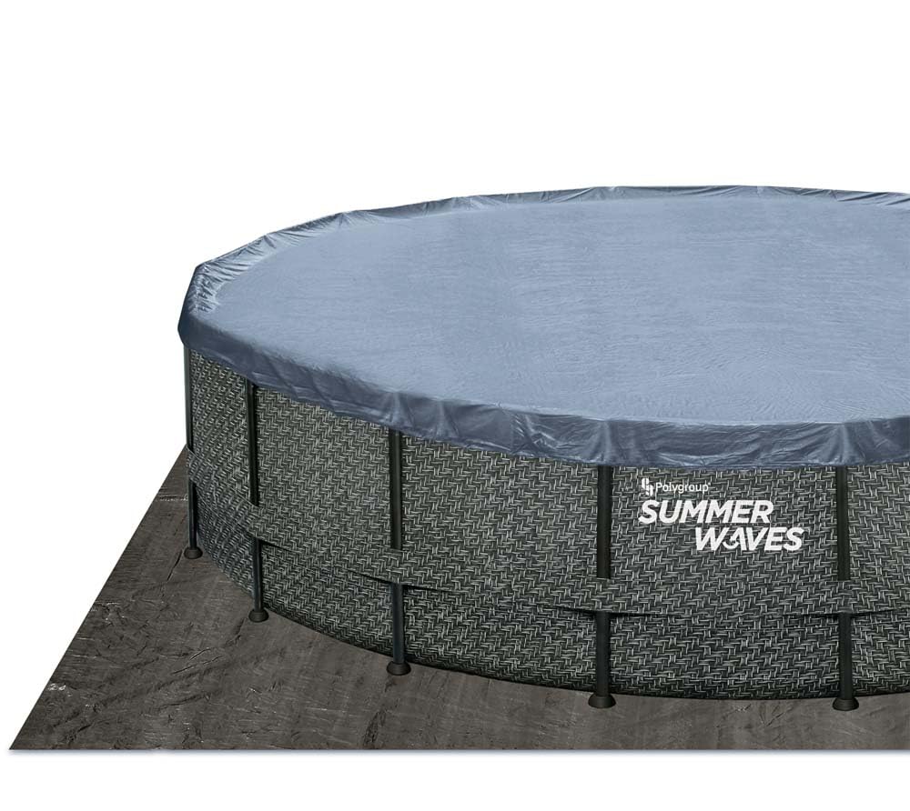 Summer Waves Frame Pool Komplettset 549x132 cm Rattan Optik Grau Aufstellpool inkl. Filterpumpe, Bodenvlies, Abdeckplane & Einstiegsleiter
