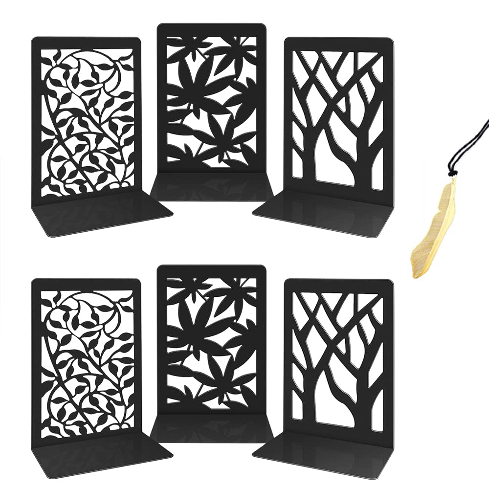 Iycnkok Sujetalibros Sujeta Libros Estantería de Metal - Soporte Libros Diseño de Hoja/árbol, Ideal para Oficina, Escuelas, Decoración Escritorio, Infantil, 3 Pares Negro