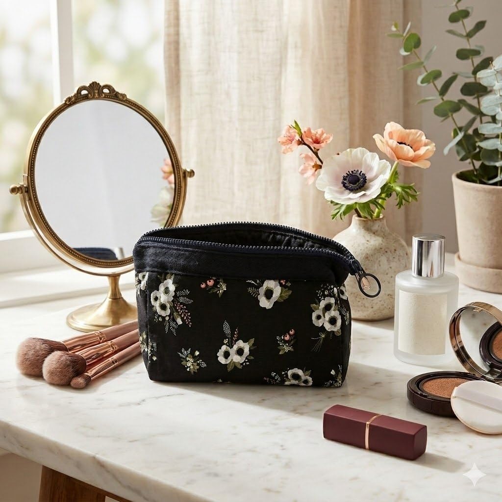 Cosmetic Toiletry Makeup Pouch with Portable Travel Multipurpose Water-Resistant Zipper Makeup Brush Bags - Black Flower RSPBF-38-image-45