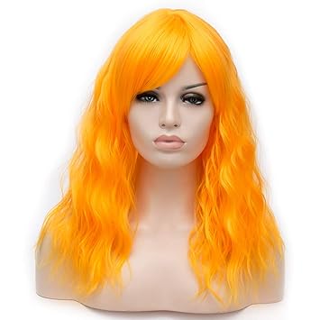 BERON 18?�? Women Girls?�� Lovely Medium Curly Wig with Bangs Synthetic Wavy Wigs for Daily Use or Halloween Cosplay Party (Bright Yellow)