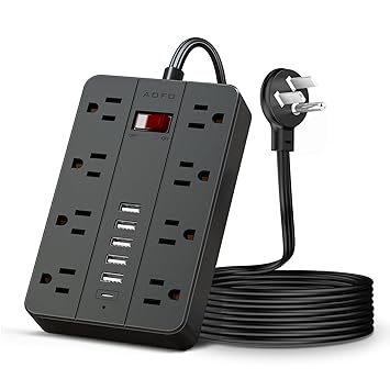 AOFO Long Power Strip with 10ft Extension Cord, 8 Widely Spaced Outlets and 6 Usb Ports Power Strip with Flat Plug, Wall Mount Power Cord