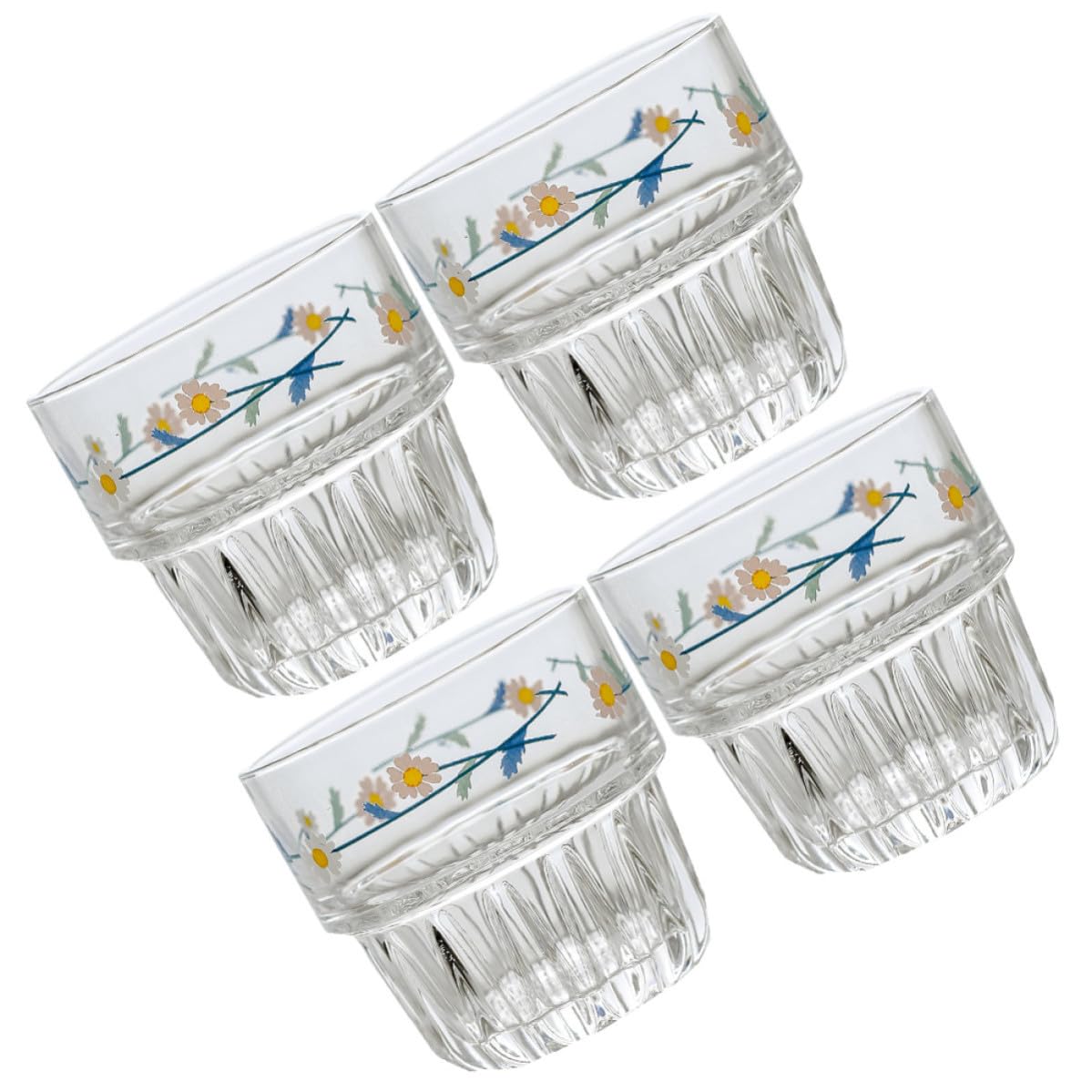 Vaso de Cristal Estilo Pastoral Margaritas, 4 Piezas Blanco | Borde Liso, Trabajo Meticuloso, Uso Múltiple, Escena para Cafetería y Restaurante, Forma Redonda