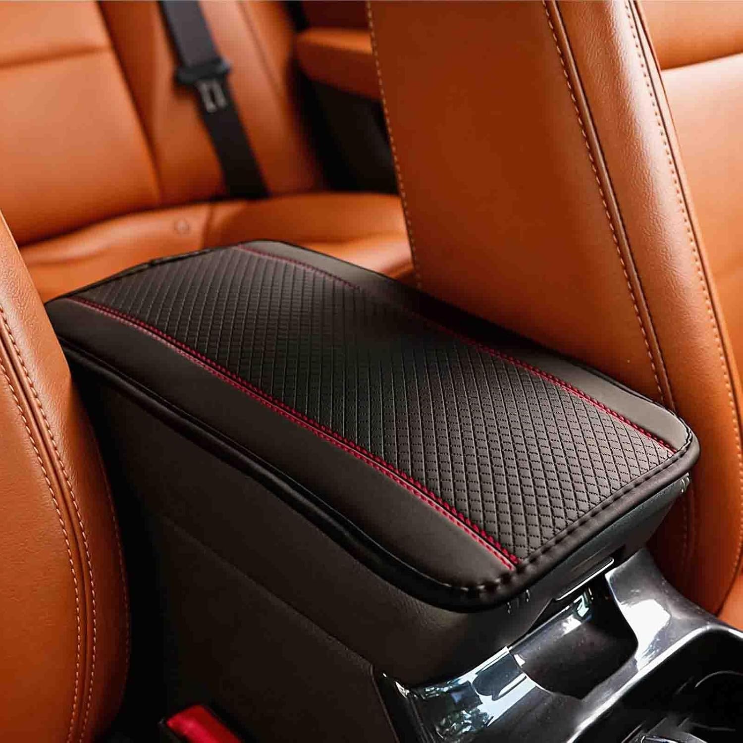 Car Armrest Cover Pad, Car Armrest Storage Box Mat, Fiber Leather Car Central Console Cover, Interior Protection Accessories for Most SUVs, Sedans and Trucks (Black and Red)