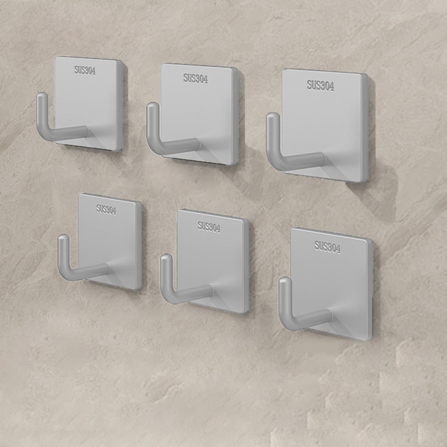 6 Pcs Stainless Steel Adhesive Hooks, Heavy Duty Waterproof in Shower Hook for Hanging Loofah, Towels, Clothes, Robes for Bathroom Removable Adhesive Wall Door Hangers, Square
