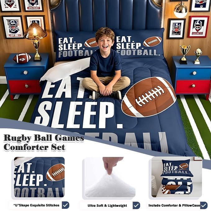 Image of Feelyou Football Comforter Set for Boys Full Size Sports Bedding Set American Football Lover Navy Blue Ball Games Quilt Bed Teens Rugby Bedroom Decor 3Pcs