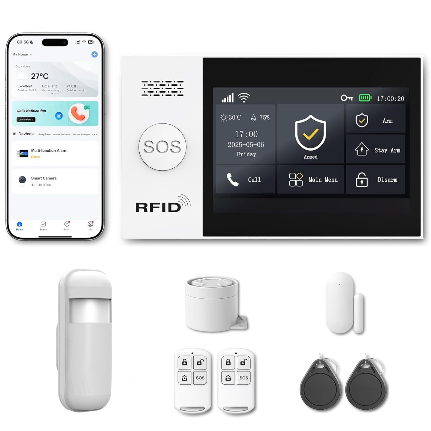 Kit Alarma Casa WiFi + 4G, Alarma Sin Cuotas con Pantalla Táctil 4,3", 5 Detectores de Movimiento, 10 Sensores Puerta/Ventana, Sirena 120 dB, App, Alexa y Google
