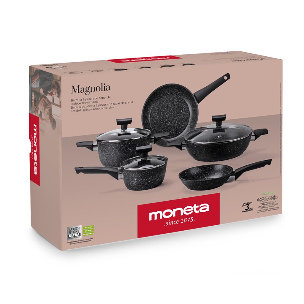 MONETA Set Pentole Induzione 8 Pezzi Magnolia Stone Black, Batteria Pentole Antiaderenti con Padelle 20 24 cm Tegame 28 cm Casseruole con Coperchi, Fondo Full Induction