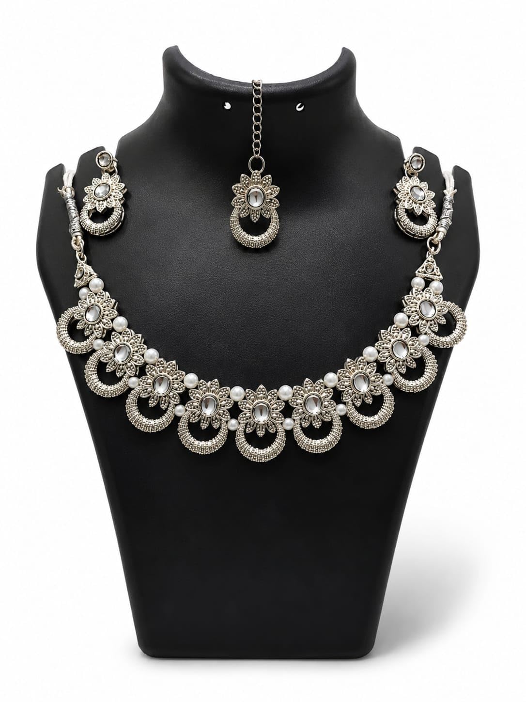 Oxidised Kundan Silver ton Necklace Set for Women with Earrings & Maang Tikka | Pearl & Crystal Floral Jewellery Set | Traditional Ethnic Jewellery for Wedding, Party & Festive Special-image-8