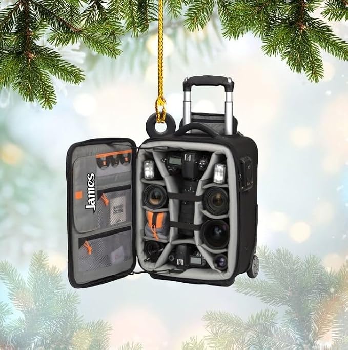 Personalized Camera Backapack Christmas Hanging Ornament, 2026 Collection Custom Name Gift for Photographers, 2-Sided Acyrlic Ornament for Xmas Tree Car Decor
