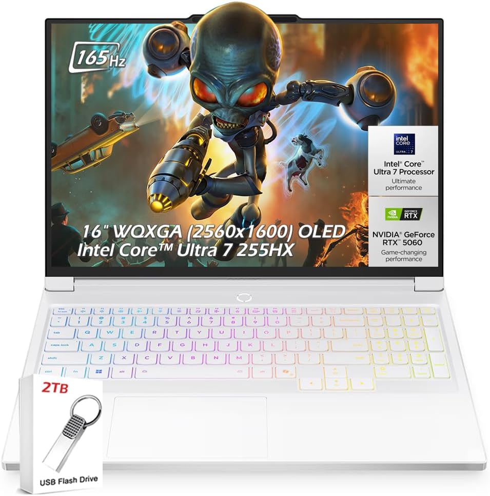 Lenovo Legion 7i Gaming Laptop, 16" 2.5K 165Hz OLED Display, NVIDIA RTX 5060, Intel Core Ultra 7 255HX, 16GB DDR5 5600MT/s 1TB SSD, Backlit KB, Wi-Fi7, Win11, Glacier White, w/2TB USB Drive, W/GaLiMu