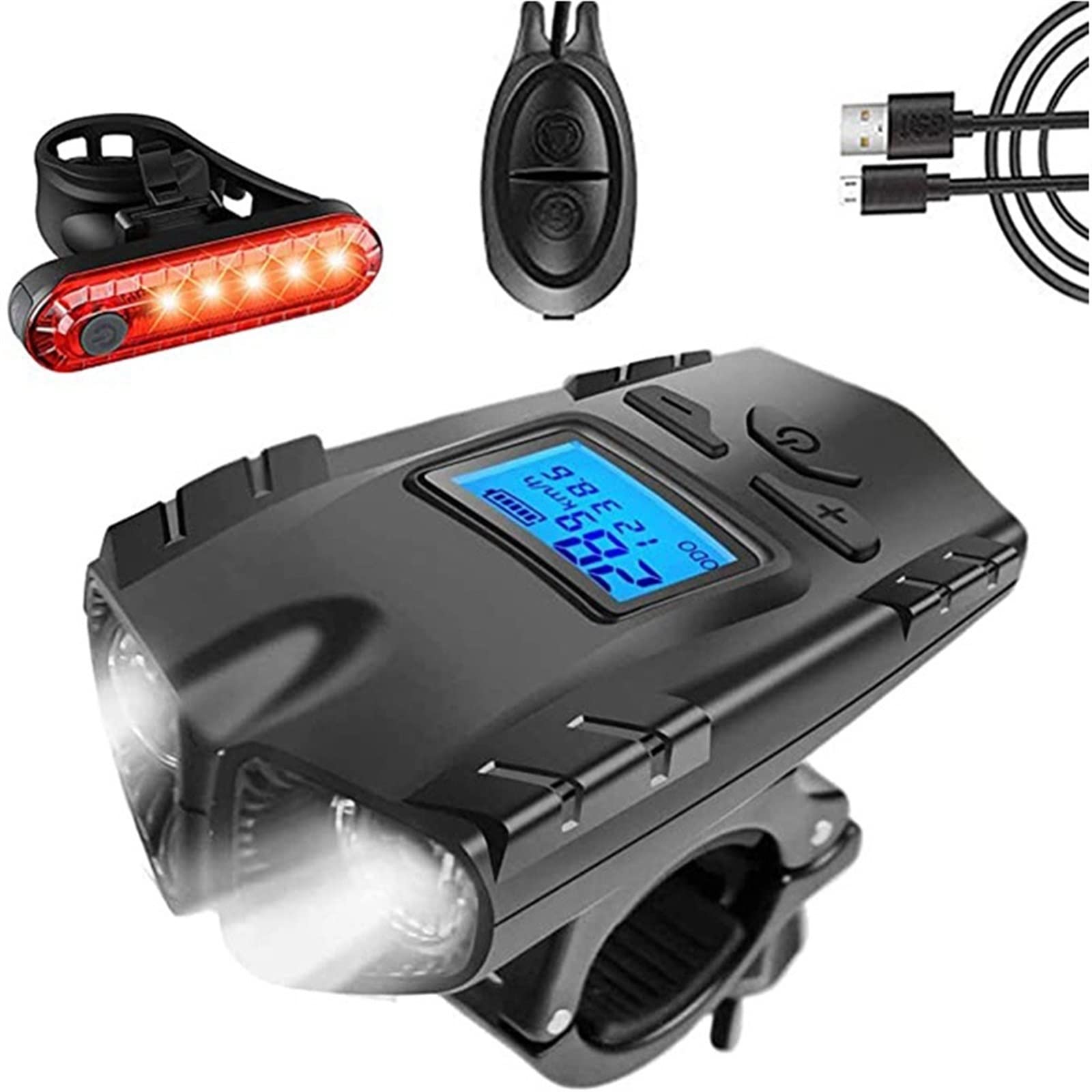 Bike Light Set USB Rechargeable Bicycle Headlight Bike Bell Speedometer Odometer Waterproof Taillight Fits All Bicycles Road MTB(13212 Red)