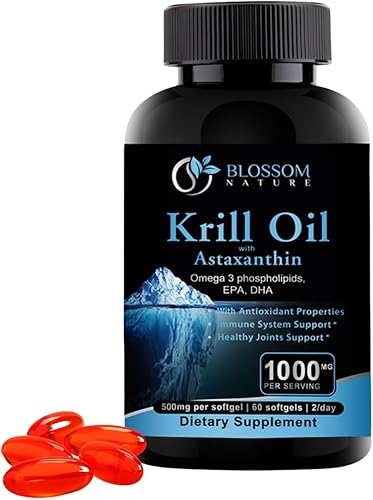 Aceite de krill antártico de 1000 mg con astaxantina, omega-3, 6 y 9, fosfolípidos, ácidos grasos EPA, DHA, apoyo a articulaciones saludables,