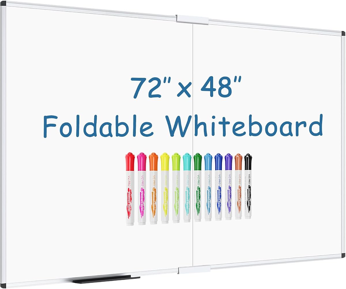 VIZ-PRO Large Dry Erase White Board/Magnetic Foldable Whiteboard, 72 X 48 Inches, Silver Aluminium Frame, with 12 Colored Whiteboard Pens