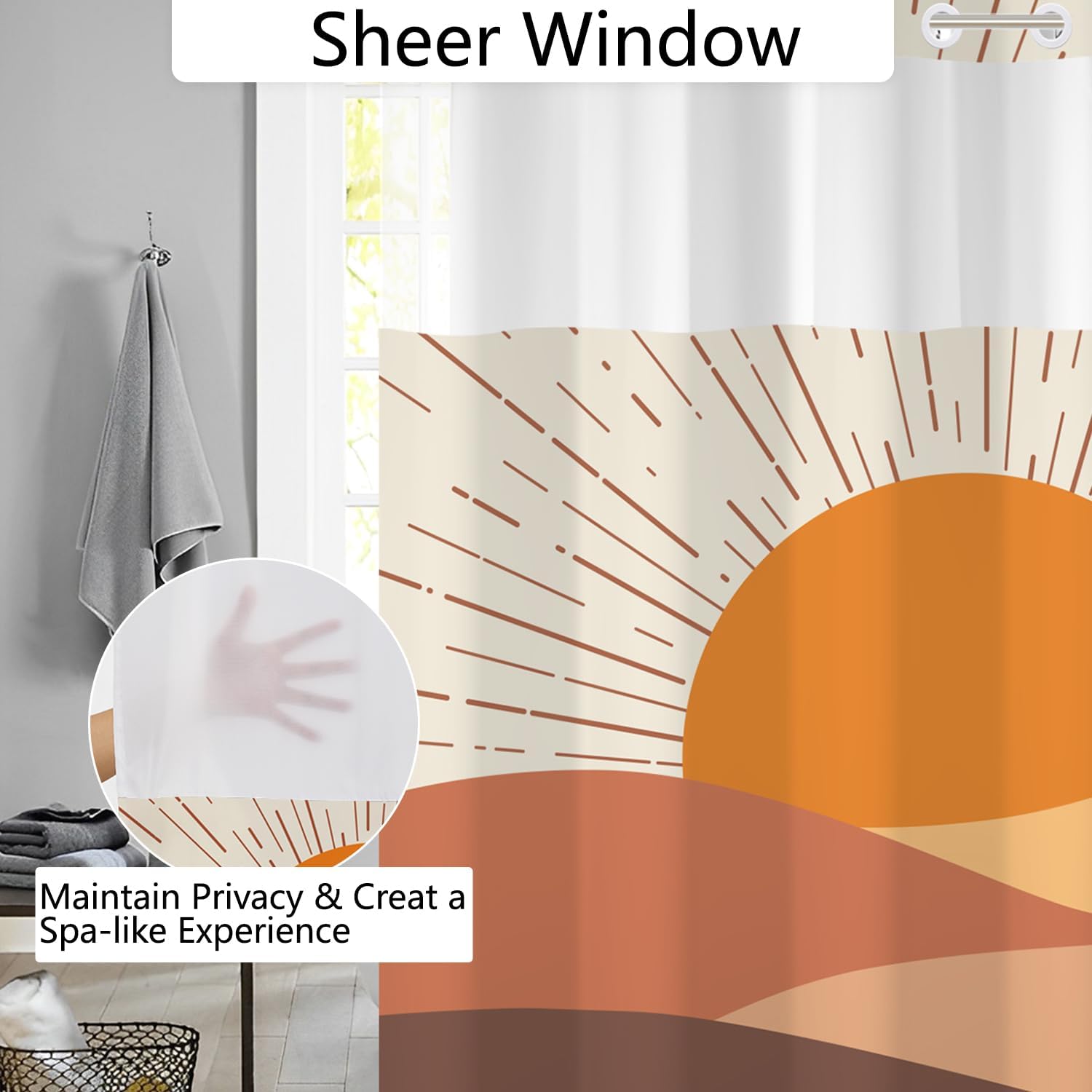 No Hook Boho Shower Curtain with Snap in Liner, Mid Century Design, Abstract Sunset Mountain Waterproof Shower Curtains for Bathroom Decor, See Through Top Window, 71x74 Inches