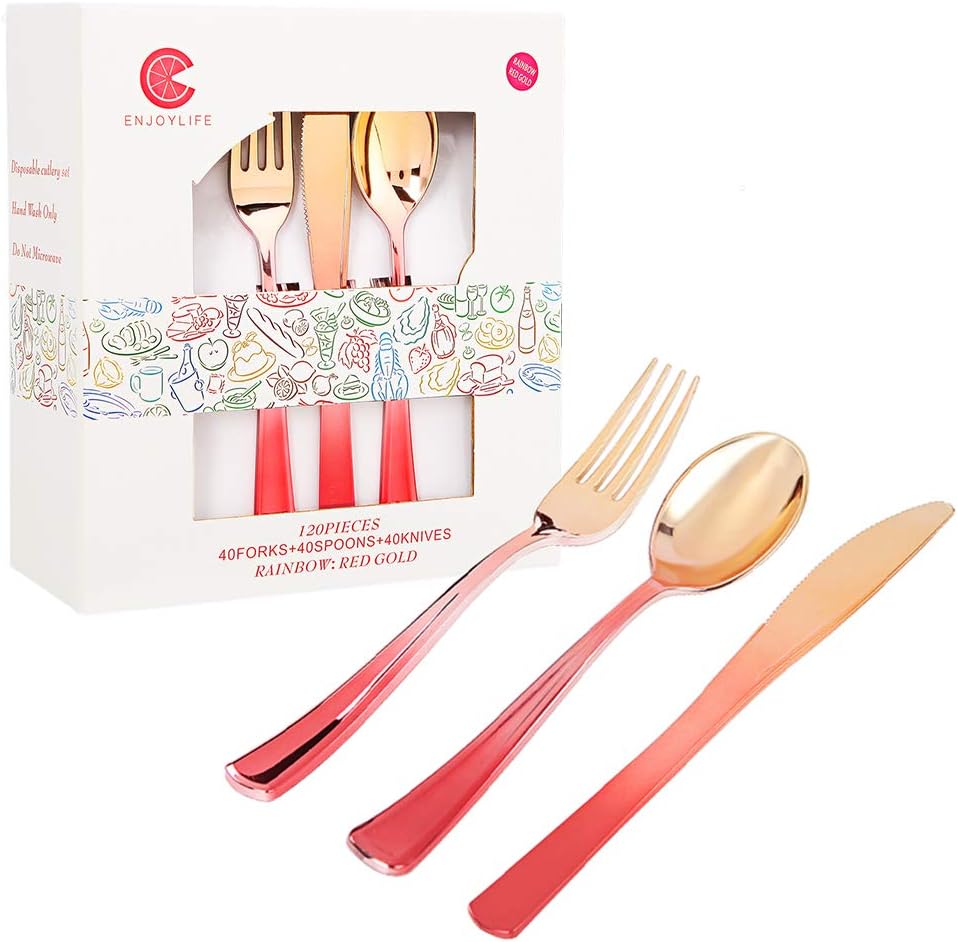 Supernal 120pcs Red and Gold Plastic Silverware,Rainbow Plastic Silverware,Wedding Plastic Cutlery, Plastic Flatware for Party Suit for Easter Day Monther's Day