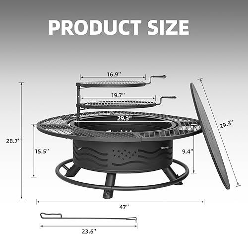 Miniatura 5 de Pozo de fuego de 47 pulgadas con 2 rejillas de cocción, parrilla de barbacoa de leña al aire libre con tapa de cubierta, mesa redonda de acero para