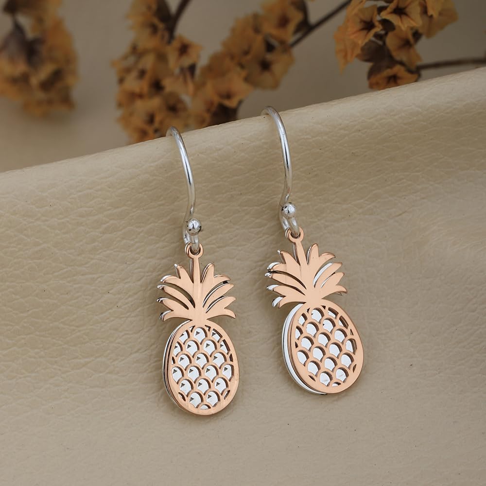 Vanbelle Sterling Silver Two Tone Jewelry Rose Gold Plated with 925 Stamp - Light Weight Pineapple Earrings with French Hook and Anti-tarnish coated for Women