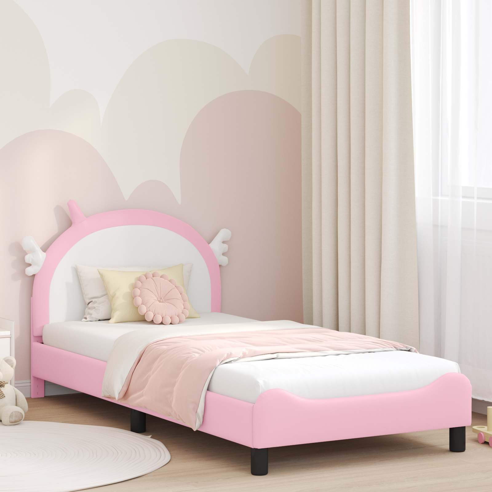 Nowoczesna drewniana rama Minimalistyczny design Różowy 80 x 200 cm | Łóżko Dziecięce 80x200 cm z Ramą i Zagłówkiem Różowy PU Nowoczesny Stelaż z Pojemnikiem na Książki