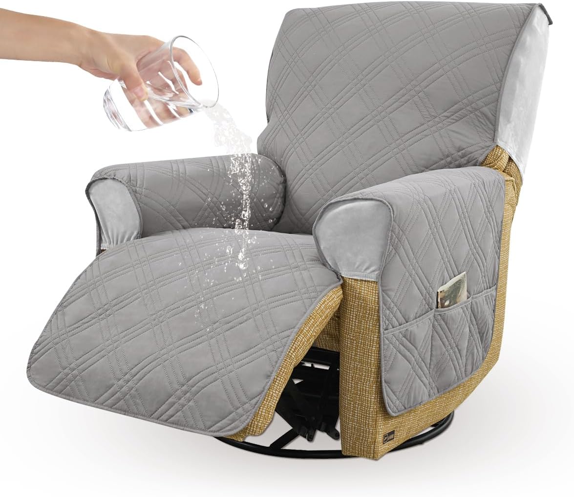 100% Waterproof Recliner Chair Covers,1-Piece Couch Covers for Reclining Chair/Sofa Covers Washable Furniture Protector with Elastic Straps Pocket for Kids, Pets (Khaki)