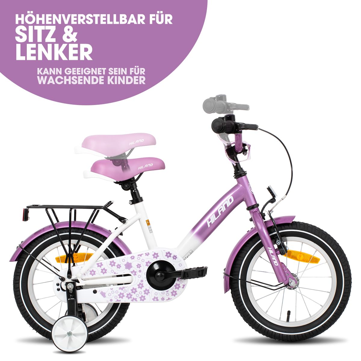 HILAND Starry 12/14/16 Zoll Kinderfahrrad, Mädchenfahrrad mit Stützrädern, Rosa/Lila Kinderfahrrad Handbremse Rücktrittbremse Gepäckträger